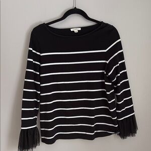 Black and White Striped Top with Mesh Ruffle Flare Sleeve